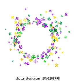 Round pattern of beautiful yellow, green, purple Fleur-de-Lis lily symbol on white background. Venetian carnival Mardi Gras party. Great for greeting card, poster, web template. Vector background