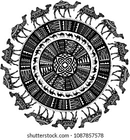 Round pattern with black and white decorated Camels