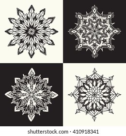 Round pattern. Circular floral pattern, crochet mandala. A set of lacy napkins. Vector illustration.