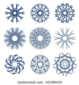 Round pattern. Circular ornament design element. Snowflake set.