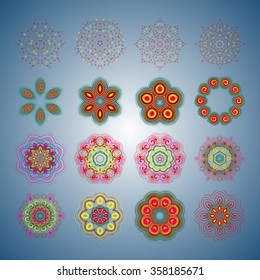 Round pattern. A pattern from color spirals for your designs. Spirals and pattern elements of red, blue and green color. Vector pattern. Set of 16 circular patterns.