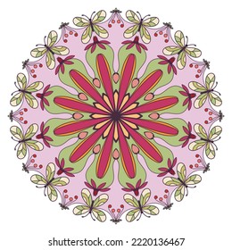 Round pattern colorful mandala in ethnic style. Nature floral elements, geometric kaleidoscopic texture background. Ornamental arabesque with butterflies. Design for print, logo, t-shirt, table cloth.