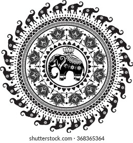 Round pattern with decorated elephants svg