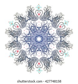 Round pattern with decorated swans in love. Mandala. Vector illustration, EPS10. 