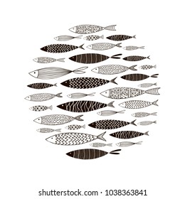 Round pattern with decorative fish.Vector hand-drawn texture