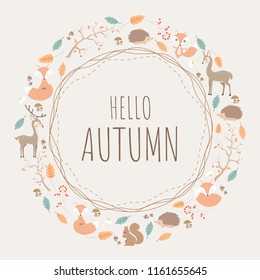 Round pattern design of Autumn background with animals and flowers.