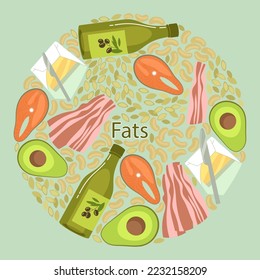 Round pattern with different sources of fats vector illustration. Cartoon drawings of cashew nuts, seeds, fish, avocados, olive oil on green background. Food, nutrition, diet, health concept