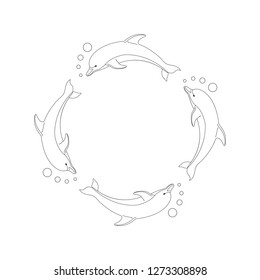 Round pattern with dolphins. Contour drawing. Coloring page antistress. Vector illustration. Isolated on white background.