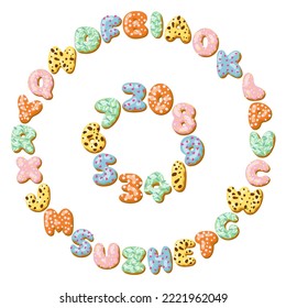 Round pattern with donut letters and numbers vector illustration. Cartoon drawing of colorful doughnut alphabet letters and numbers in circle on white background. Education, dessert, food concept