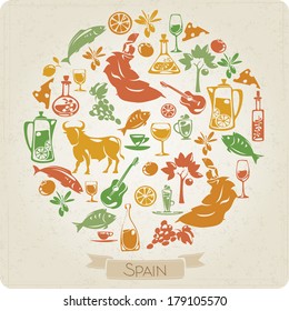 Round pattern with elements symbols of Spain