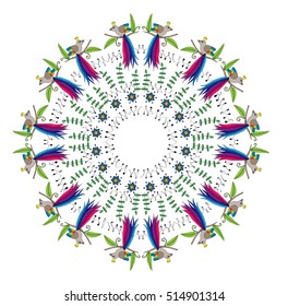 Round pattern with exotic bird and abstract flower and leaves. Colorful vector illustration. Can be used for card, invitation, posters, texture backgrounds, placards, banners.