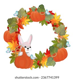 Round pattern of fall leaves and berries for greeting card. Cute bunny with pumpkin on the background of a wreath of maple leaves. Card design with rabbit for Thanksgiving or Harvest Day with a frame