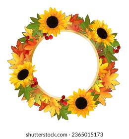 Round pattern of fall leaves and sunflower flowers for Thanksgiving or Harvest Day. Autumn wreath frame isolated on white background with space for text.