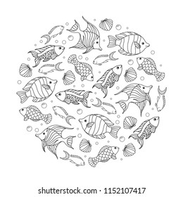 A round pattern with fish. Coloring antistress. Vector.
