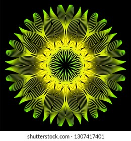 Round Pattern Flower Mandala. Circle Floral Ornament. Decorative Illustration. Black green yellow color