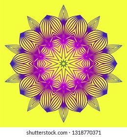 Round Pattern Flower Mandala. Circle Floral Ornament. Legend Decorative Vector Illustration. Yellow purple color.