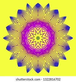 Round Pattern Flower Mandala. Circle Floral Ornament. Legend Decorative Vector Illustration. Yellow purple color.