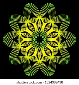 Round Pattern Flower Mandala. Circle Floral Ornament. Decorative Illustration. Black green yellow color