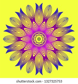 Round Pattern Flower Mandala. Circle Floral Ornament. Legend Decorative Vector Illustration. Yellow purple color.