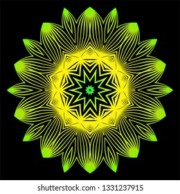 Round Pattern Flower Mandala. Circle Floral Ornament. Decorative Illustration. Black green yellow color