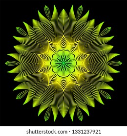 Round Pattern Flower Mandala. Circle Floral Ornament. Decorative Illustration. Black green yellow color