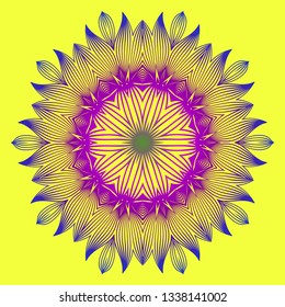 Round Pattern Flower Mandala. Circle Floral Ornament. Legend Decorative Vector Illustration. Yellow purple color.