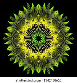 Round Pattern Flower Mandala. Circle Floral Ornament. Decorative Illustration. Black green yellow color
