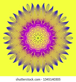 Round Pattern Flower Mandala. Circle Floral Ornament. Legend Decorative Vector Illustration. Yellow purple color.