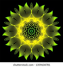 Round Pattern Flower Mandala. Circle Floral Ornament. Decorative Illustration. Black green yellow color