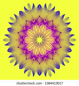 Round Pattern Flower Mandala. Circle Floral Ornament. Legend Decorative Vector Illustration. Yellow purple color.