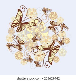 Round pattern of flowers and butterflies.