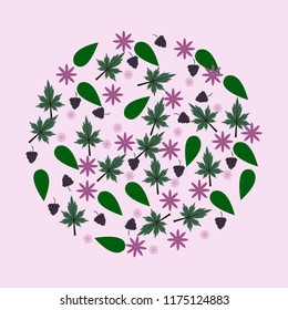 Round pattern of flowers leaves and berries. Bright print in circle shape with floral elements. Decorative hand drawn ornament for wrapping, wedding design or invitation cards