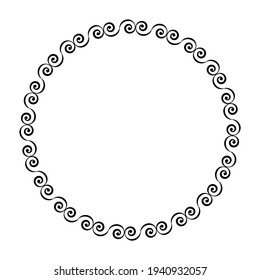 Round pattern frame on a white background from curlicues and spirals. Isolated geometric pattern. Black and white, monochrome.