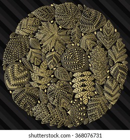 Round pattern with gold tree leaves such as oak and maple, chestnut and birch, aspen and linden, poplar and ginkgo, tulip tree and beech, hornbeam and holly. Autumn collection. Golden colors.