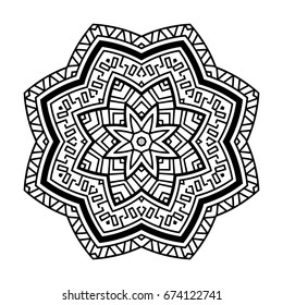 Round pattern in the Greek style. Rosette of geometric elements. Stencil Tattoo and prints.