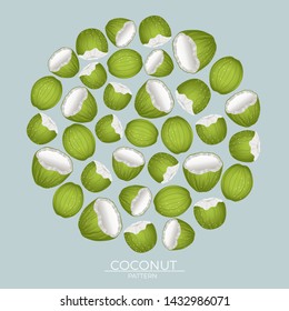 Round pattern of green coconut nuts on a blue background
