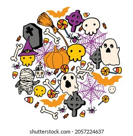 rundes Muster für Halloween im Cartoon-Stil in orangefarbener und violetter Farbe. runde, helle Doodle-Vorlage mit Gespenstern, Mummisten, Schädel, Spinnweben und Fledermäuse, Kürbisse in orangefarbener und violetter Farbe