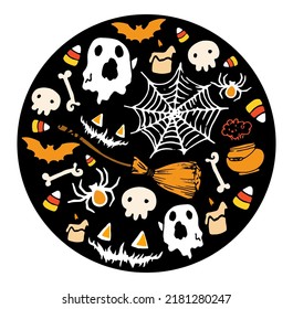 round pattern for Halloween in cartoon style. round bright doodle template with ghosts, skulls, cobwebs and bats, pumpkins and brooms in a flat style of orange and white on black