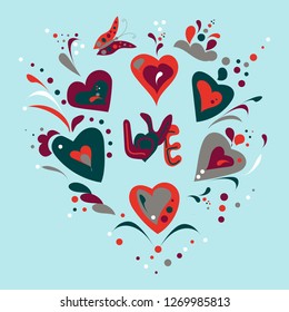 Round pattern with hand drawn   elements and letters for Valentines Day. Hearts, flowers, decor elements on light blue backdrop. Vector illustration for design of cards, posters, websites, flyers.