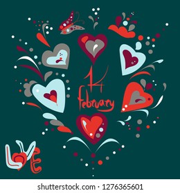 Round pattern with hand drawn   elements and letters for Valentines Day. 14 February,  Love, hearts, flowers, decor elements. Vector illustration for design of cards, posters, websites, flyers.