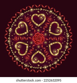 Patrón redondo con el corazón, cuentas, cinta espiral, alisador, formas de semitono. Ornamento vectorial para boda, evento de compromiso, Día de San Valentín, decoración de regalo. Para impresiones, ropa, placa y diseño de superficie