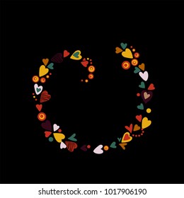 Round pattern of hearts. A whirlwind of multi-colored hearts. vector