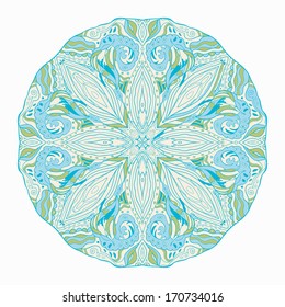 Round pattern with a kaleidoscope effect (blue and green on a white background)