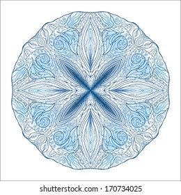 Round pattern with a kaleidoscope effect (blue and white on a white background)