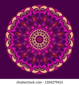 
Round pattern - lace mandala. Bright shades of purple, pink, delicate beige - fashion trends and combinations in the design of fabrics, clothing and premises.