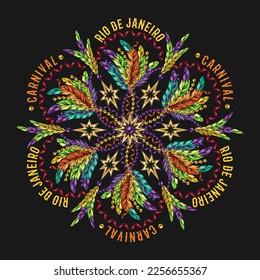 Round pattern like flower for Brazilian Carnival Rio de Janeiro. Streamer, ribbons, feathers, beads, text, golden stars. For prints, clothing, t shirt, plate, surface design. Vintage style