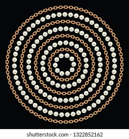 Round pattern made with golden chains and pearls. On black. Vector illustration. Can use for t shirt design, textile, clothes, as paper print