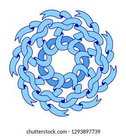 Round pattern made of interwoven blue ribbons.