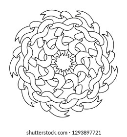 Round pattern made of interwoven ribbons. Line art