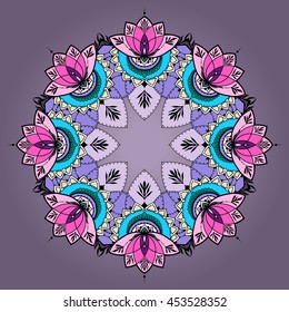 Round pattern mandala with lotuses in east style. Can be used for backgrounds, business style, tattoo templates, cards design or else. Vector illustration.
